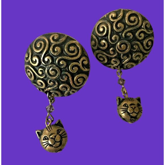 Cat Earrings Handmade Vintage One of  Kind New Purple Crystals Kitty Lov… - Picture 4 of 8